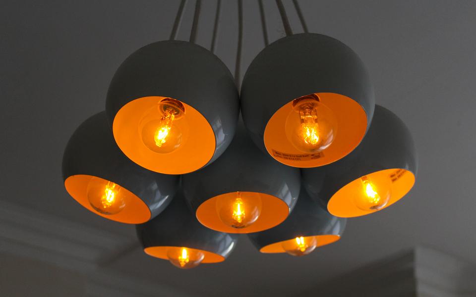 Pendant light fixtures installed and lit